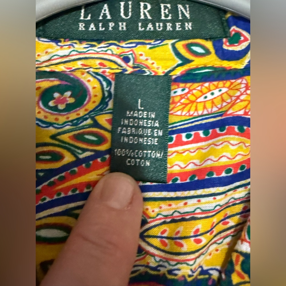 Lauren Ralph Lauren Women’s Large Yellow Paisley Shirt Roll Tab sleeve blouse - Picture 8 of 13